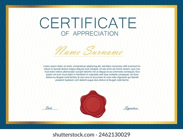 Certificate of achievement design template with red wax seal. Blank award diploma. Vector Illustration