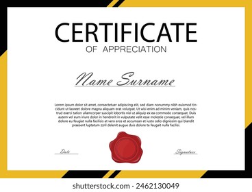 Certificate of achievement design template with red wax seal. Blank award diploma. Vector Illustration