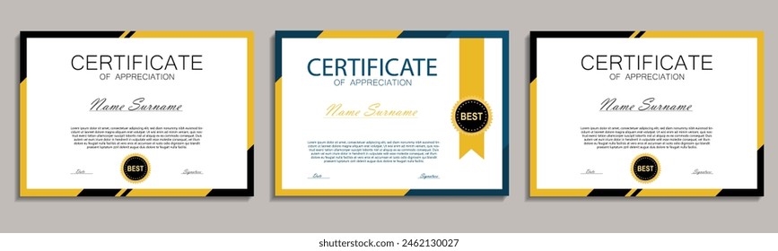 Certificado de logro conjunto de Plantilla de diseño con sello de cera roja y placa dorada. Diploma en blanco. Ilustración vectorial
