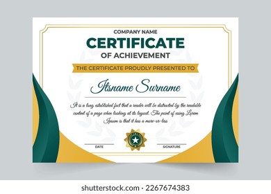 Certificate of achievement and diploma design with golden and green colors. Special award certificate vector for occasions of sports. Academic certificate design with abstract shapes and calligraphy.