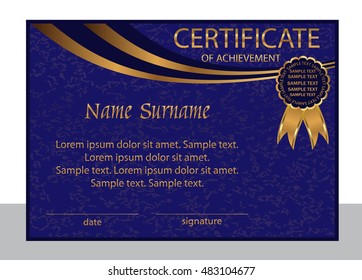 Certificate of achievement or diploma. Elegant blue background with gold. Horizontal template. Vector illustration.