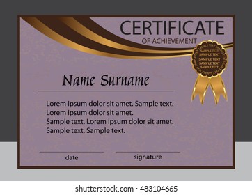 Certificate of achievement or diploma. Elegant pink background with gold. Horizontal template. Vector illustration.