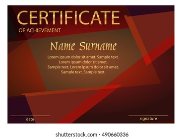 Certificate of achievement or diploma. Geometric red background. Horizontal template. Vector illustration.