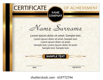 Certificate of achievement, diploma. Template with gold and black ribbon. Reward. Winning the competition. Award winner. A4 size. Vector illustration.