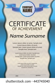 Certificate of achievement or diploma. Template vertical. Reward. Award winner. Winning the competition. The text on separate layers. Vector illustration.