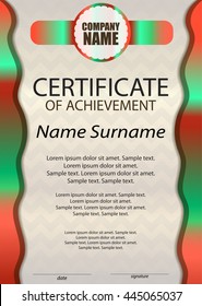 Certificate of achievement or diploma. Template vertical. Reward. Award winner. Winning the competition. The text on separate layers. Vector illustration.