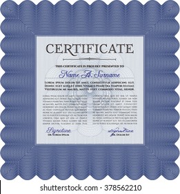 Certificate of achievement. With guilloche pattern and background. Sophisticated design. Diploma of completion. Blue color.