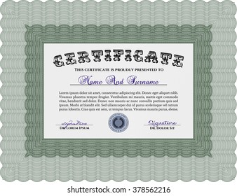 Certificate of achievement. With guilloche pattern and background. Sophisticated design. Diploma of completion. Green color.