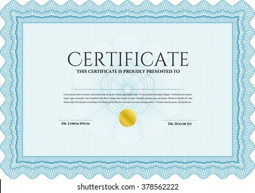 Certificate of achievement. With guilloche pattern and background. Sophisticated design. Diploma of completion. Light blue color.