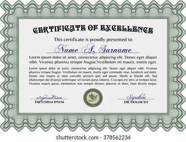 Certificate of achievement. With guilloche pattern and background. Sophisticated design. Diploma of completion. Green color.