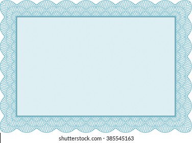 Certificate of achievement. With guilloche pattern and background. Sophisticated design. Diploma of completion. Light blue color.
