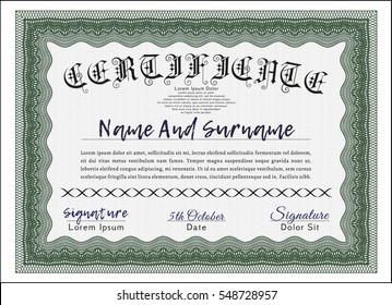 Certificate of achievement. With guilloche pattern and background. Sophisticated design. Vector illustration. Green color.
