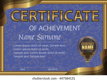 Certificate of achievement horizontal template. Blue paper in a gold frame. Winning the competition. Reward. Award winner. The text on separate layer. Vector illustration.