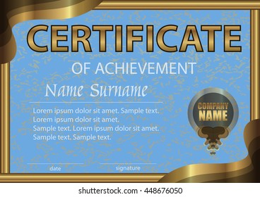 Certificate of achievement horizontal template. Bright blue paper in a gold frame. Winning the competition. Reward. Award winner. The text on separate layer. Vector illustration.