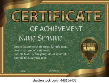 Certificate of achievement horizontal template. Green paper in a gold frame. Winning the competition. Reward. Award winner. The text on separate layer. Vector illustration.
