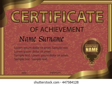 Certificate of achievement horizontal template. Maroon paper in a gold frame. Winning the competition. Reward. Award winner. The text on separate layer. Vector illustration.