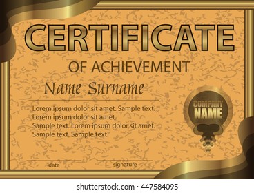 Certificate of achievement horizontal template. Orange paper in a gold frame. Winning the competition. Reward. Award winner. The text on separate layer. Vector illustration.