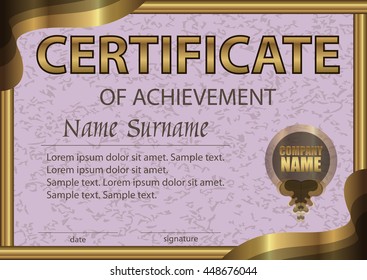Certificate of achievement horizontal template. Pink paper in a gold frame. Winning the competition. Reward. Award winner. The text on separate layer. Vector illustration.