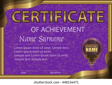 Certificate of achievement horizontal template. Purple paper in a gold frame. Winning the competition. Reward. Award winner. The text on separate layer. Vector illustration.
