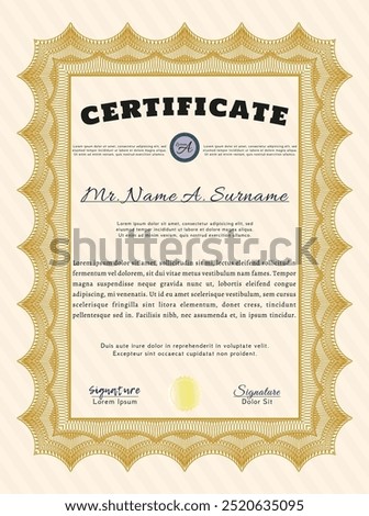 Certificate of achievement.  Money Pattern design.  With guilloche pattern and background.  Customizable, Easy to edit and change colors.  Orange color.
