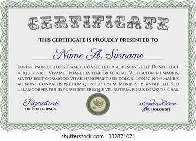Certificate of achievement. Money style.With guilloche pattern and background. Modern design. 