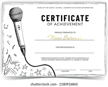 Certificate of achievement in music competition. Award for vocal attainment. Acknowledgement of success. Improvement of vocal skills.