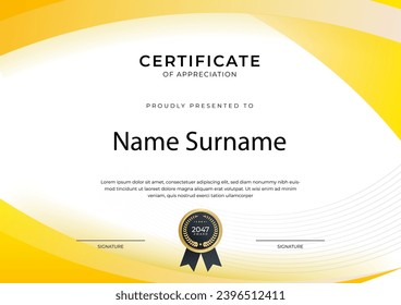 Certificate of achievement orange yellow template design with gold badge and border for business, award, honor and school