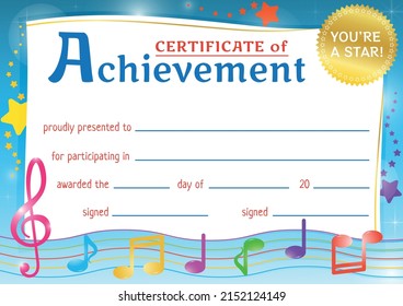 Certificate of achievement for participating in a music competition for kids. Fully editable template. Colorful certificate of recognition for winning or excelence in a kid's competition with notes.