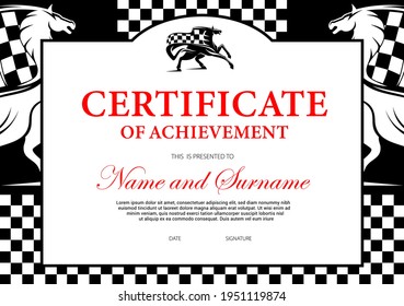 Certificate Of Achievement Or Participation For Horse Race Winner. Stallion Racing Award Border Design With Horse And Chequered Flag. Victory Celebration Best Result Frame