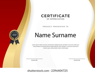 Certificate of achievement red template design with gold badge and border for business, award, honor and school