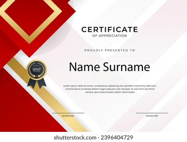 Certificate of achievement red template design with gold badge and border for business, award, honor and school