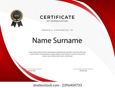 Certificate of achievement red template design with gold badge and border for business, award, honor and school