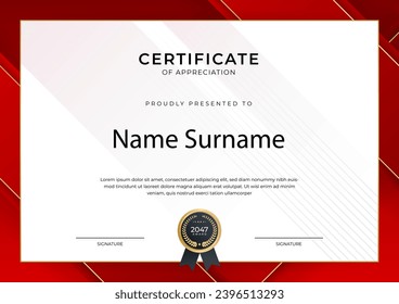Certificate of achievement red template design with gold badge and border for business, award, honor and school