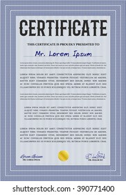 Certificate of achievement. Sophisticated design. With guilloche pattern and background. Diploma of completion. Blue color.