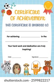 Certificate of achievement in sport competition for kids, Certificate of participation, appreciation, completion. Kids sport diploma template, for sport in school preschool kindergarten, summer camp.