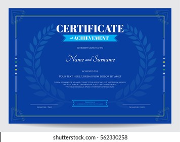 Certificate Of Achievement Template With Award Laurel Crest On Blue Background