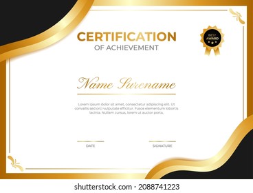 Certificate of achievement template with black, white and gold color. Trendy certificate design