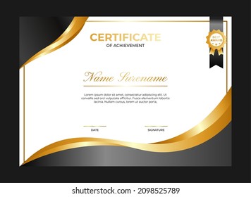 Certificate of achievement template with black, white and gold color. Trendy certificate design
