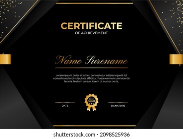Certificate of achievement template with black, white and gold color. Trendy certificate design