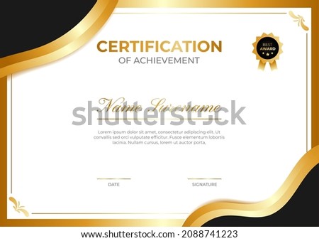 Certificate of achievement template with black, white and gold color. Trendy certificate design