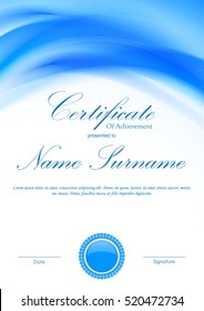 Certificate of achievement template with blue bent wavy soft background and seal. Vector illustration