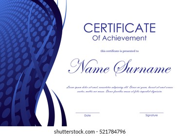 Certificate of achievement template with blue digital circle surface wavy background. Vector illustration