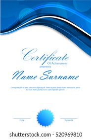 Certificate of achievement template with blue dynamic light background and seal. Vector illustration