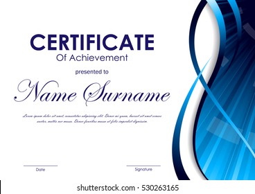 Certificate of achievement template with blue dynamic wavy swirl curved background. Vector illustration