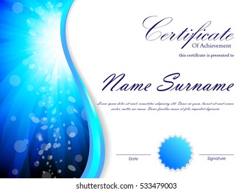 Certificate of achievement template with blue light vortex wavy background and seal. Vector illustration