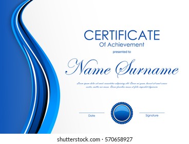 Certificate of achievement template with blue wavy dynamic light background and seal. Vector illustration