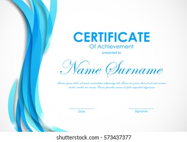 Certificate of achievement template with blue wavy material design lines background. Vector illustration