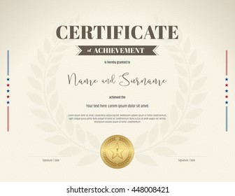 Certificate of achievement template in brown theme on beige color with laurel wreath background and gold seal