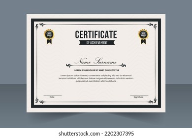 Certificate of achievement template. A clean modern certificate with a gold badge. Certificate border template with luxury and modern line pattern. Diploma Certificate vector template