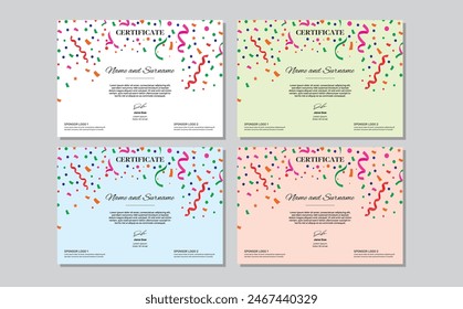 Certificate achievement template with colorful confetti. Red blue green black orange pink color. Simple minimal flat diploma design. Vector illustration.